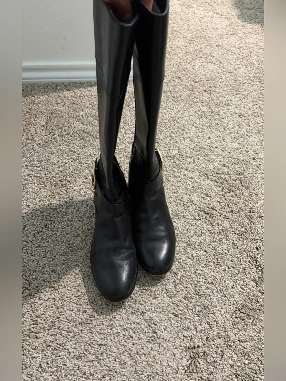Michael Kors Black Leather Mid-Calf Boots with Gold MK Accent